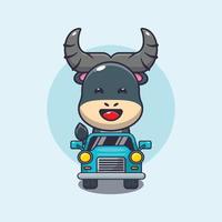 schattige buffel mascotte stripfiguur rit op auto vector