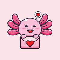 schattige axolotl mascotte stripfiguur illustratie in valentijnsdag vector