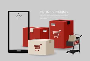 online winkelillustratie, er is een witte mobiel, een rood winkelwagentje en een boodschappentas. ontwerp voor website, verkoopbanner, bestemmingspagina, mobiele app, online winkel, online winkel, bedrijf vector