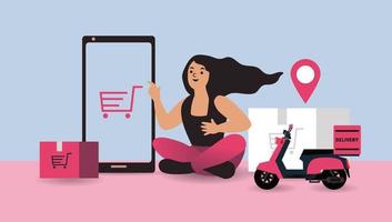 vrouwen blij met winkelen op mobiel betalen met creditcard. online winkelen in een online winkel op een website of mobiele applicatie. vectorconcept houdt van winkelen. ontwerp te koop banner, digitale marketing. vector
