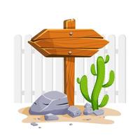 houten wegwijzer met stenen en cactussen met lege ruimte voor tekst. set van een cartoon van houten borden van verschillende vormen die op de rotsen in een woestijn staan. vectorillustratie. vector