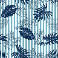 zomer naadloos patroon met marineblauwe tropische bladeren op streepachtergrond voor mode, stof, textiel, kleding en alle prints vector