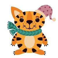 schattige cartoon gestreepte tijger. het dier staat en lacht. een roofdier met een rode muts en een groene sjaal voor het nieuwe jaar. hand getekende vector pictogram. geïsoleerde illustratie op een witte achtergrond. vlakke stijl.