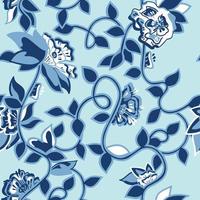 bloemen en wijnstokken in chinoiserie-stijl. oosters blauw keramiek, decoratieve print. naadloos patroon. geweldig voor stof, product, scrapbookingateliers, cadeaupapier, behangontwerpprojecten. ontwerp oppervlaktepatroon vector