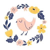 ronde bloemenkrans met schattige vogel, bloemen en bladeren, geïsoleerd op een witte achtergrond. lente illustratie voor kaarten, uitnodigingen, babyborrels, bruiloft, kinderkleding. vector