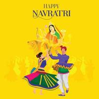 illustratie van het gezicht van godin durga voor gelukkige navratri, paar dat garba en dandiya speelt in navratri-viering en disconacht vector