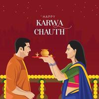 happy karwa chauth festivalkaart met karva chauth is een eendaags festival dat wordt gevierd door hindoe-vrouwen uit sommige regio's van india, vector