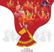 illustratie van het gezicht van godin durga voor gelukkige navratri, paar dat garba en dandiya speelt in navratri-viering en disconacht vector