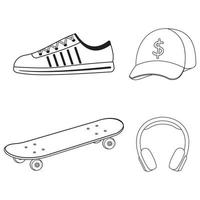 set van skateboarder pet, skateboard, koptelefoon, sneakers, zwarte omtrek, geïsoleerde illustratie op een witte achtergrond vector