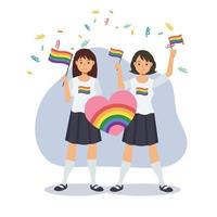twee gelukkige jonge vrouwen houden borden vast met lgbt-regenboog en transgendervlag, vieren trotsmaand, mensenrechten. gelijkheid en homoseksualiteit.flat cartoon karakter vectorillustratie. vector