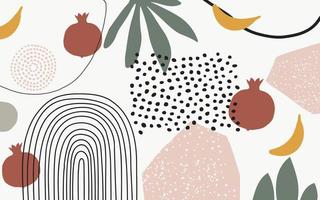 botanische poster vectorillustratie. gebladerte tekenen met abstracte vormen en fruit. biologische bladeren en fruitkunstdruk. abstract doodle elementen ontwerp voor achtergrond, behang, kaart, kunst aan de muur vector