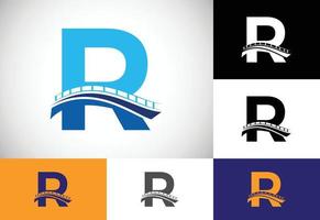 eerste r monogram letter alfabet met brug teken. abstracte brug logo ontwerpsjabloon. modern vectorlogo voor bouwbedrijf en bedrijfsidentiteit. vector