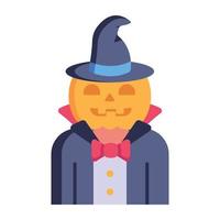 leuke halloween-pompoen met hoed, plat pictogram vector