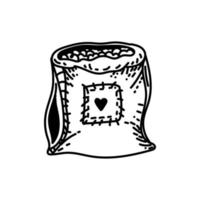 stoffen tas, pakket - handgetekende doodle stijlelement. zak voor graan, meel. tas voor het verzenden van pakjes met een schattig hartje. eenvoudige lineaire vectorstijl voor logo's, pictogrammen en emblemen. vector