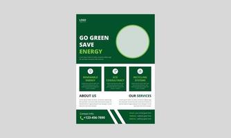 groene energie flyer ontwerp. zonne-energie folder sjabloon. groen besparen energie poster flyer ontwerp. omslag, ontwerp op A4-formaat vector