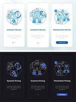 algemene prijsmethoden nacht- en dagmodus onboarding mobiele app-scherm. walkthrough 3 stappen grafische instructiepagina's met lineaire concepten. ui, ux, gui-sjabloon. talloze pro-bold, reguliere lettertypen gebruikt vector