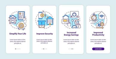 redenen voor het onboarding-scherm van de mobiele app voor domotica. walkthrough 4 stappen grafische instructiepagina's met lineaire concepten. ui, ux, gui-sjabloon. talloze pro-bold, reguliere lettertypen gebruikt vector