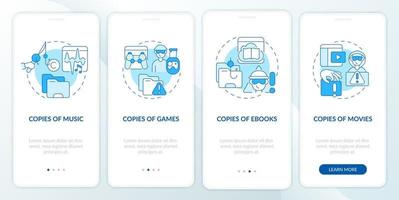 auteursrechtinbreuk onboarding mobiele app paginascherm. illegale kopieën van muziek walkthrough 4 stappen grafische instructies met concepten. ui, ux, gui vectorsjabloon met lineaire kleurenillustraties vector