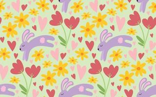 schattig Pasen naadloze patroon met kinderachtig eenvoudige doodle bloemen, bladeren, harten en konijn op groene achtergrond. hand getekende vector lente achtergrondstructuur.