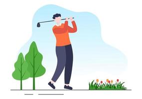 golfsport spelen met vlaggen, zandgrond, zandbunker en uitrusting op buitentuin groene planten in platte cartoon achtergrondillustratie vector