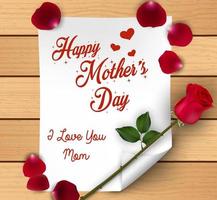 gelukkige moederdag met bloemen, rozen en bloemblaadjes over papier op houten achtergrond vector