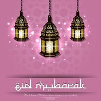 eid mubarak wenskaart ontwerp met lantaarns lamp op roze achtergrond vector