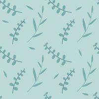 naadloze patroon van eucalyptus palm fern verschillende boom, natuurlijke takken, bladeren, kruiden, l hand getekende platte silhouet vector schoonheid elegante textiel print op bleke groen blauwe achtergrond.