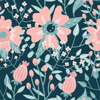 pastel gekleurde bloemen vector naadloze patroon. hand getekende abstracte rozenbottel bloemen, twijgen, branche, knoppen zoon donkergroene achtergrond. sierlijke sjabloon voor design, textiel, behang, keramiek, kleuren.