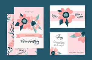 bruiloft uitnodigingskaart set suite met romantische lichtroze bloem, rsvp-sjablonen. rozenbottelbloemsamenstelling met handgetekende letters. platte vectorillustratie. vector