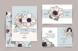 set bruiloft uitnodigingskaart suite met anemone bloem. huwelijksuitnodiging, rsvp, bewaar het datumkaartontwerp met elegant spanraam roze anemoonpatroon. vector sjabloon hand getekende illustratie