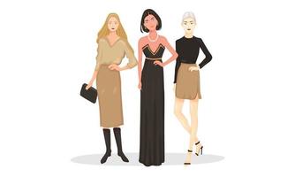drie modellen staande poseert haar lichaam, outfit kan gebruiken voor werk, dagelijks, evenement, feest. bruin geen en zwart zijn redelijk goed.