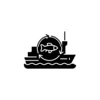 visverwerkingsvaartuig zwart glyph-pictogram. groot fabrieksschip. uitgeruste visserijtrawler. commerciële visserij. vis invriezen, sterilisatie. silhouet symbool op witte ruimte. vector geïsoleerde illustratie