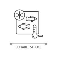 vis opslaan lineaire pictogram. koel bewaren om kwaliteit te besparen. opslag van zeevruchten. het invriezen van vis voor de handel. dunne lijn aanpasbare illustratie. contour symbool. vector geïsoleerde overzichtstekening. bewerkbare streek