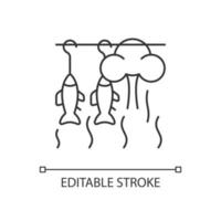 roken vis lineaire pictogram. commerciële zeevruchten roken. warme, koud gerookte vis. voedsel conserveren. dunne lijn aanpasbare illustratie. contour symbool. vector geïsoleerde overzichtstekening. bewerkbare streek