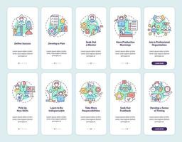 loopbaanontwikkeling onboarding mobiele app-paginaschermset. job walkthrough 5 stappen grafische instructies met concepten. ui, ux, gui vector sjabloon met lineaire kleurenillustraties collectie