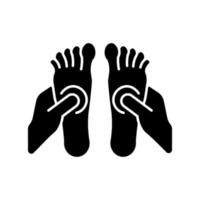 reflexologie zwarte glyph pictogram. druk uitoefenen op de voeten. therapeutische massagetechniek. de bloedsomloop verbeteren. energieblokkades los te laten. silhouet symbool op witte ruimte. vector geïsoleerde illustratie