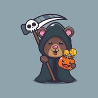 schattige beer in grim reaper-kostuum met zeis en halloween-pompoen vector