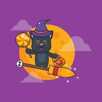 schattige kattenvlieg met bezem in halloween-nacht vector