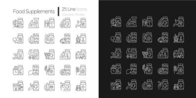 voedingssupplementen lineaire pictogrammen instellen voor donkere en lichte modus. voedingssupplementen voor een gezonde levensstijl. aanpasbare dunne lijn symbolen. geïsoleerde vectoroverzichtsillustraties. bewerkbare streek vector