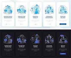 evenwichtige levenstekens nacht- en dagmodus onboarding mobiele app-scherm. joy walkthrough 5 stappen grafische instructiepagina's met lineaire concepten. ui, ux, gui-sjabloon. talloze pro-bold, reguliere lettertypen gebruikt vector