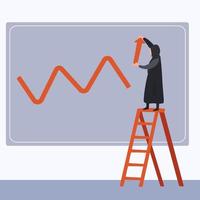 zakelijke flat tekening Arabische zakenvrouw staan op ladder, grafiek maken. werknemer trekt de groei van de bedrijfsomzet op de muur. toont financieel succes, bullish aandelenmarkt. cartoon vectorillustratie vector