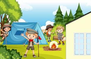 scène van achtertuin en kamp met kinderen en hek vector