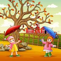 gelukkig meisje met paraplu op het boerenlandschap vector