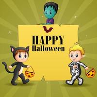 gelukkig halloween met kinderen die kostuum dragen vector