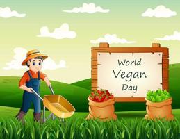 fijne wereld vegan dag met jonge boer vector
