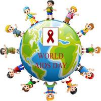 wereld aids dag concept met gelukkige kinderen over de hele wereld vector