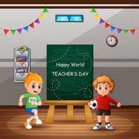 Happy Teacher's Day tekst op schoolbord met kinderen in de klas vector