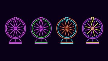 neon wielen van fortuin. gloeiend paars roulettewiel voor willekeurige gokwinst en vector gelukkige jackpot