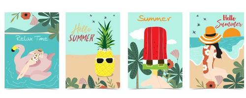 zomer ansichtkaart met vrouwen,bloem,strand,boom,ananas,ijs en blad vector