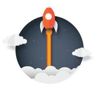 raket buiten de doos. Space shuttle lancering naar de hemel uitgeworpen uit cirkel. opstarten bedrijfsconcept. creatief. pictogram raket. vector illustratie papier kunst.